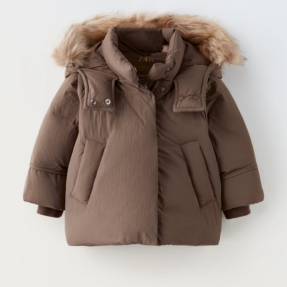 Zara Other - Zara kids faux fur hood brown taupe parka coat down fill